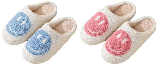 slippers with blue and pink smily faces